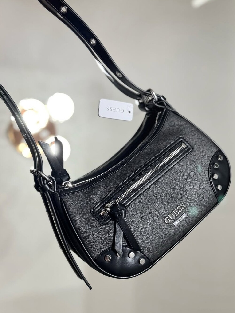 GUESS Black Embossed Logo Shoulder Bag with Silver Hardware